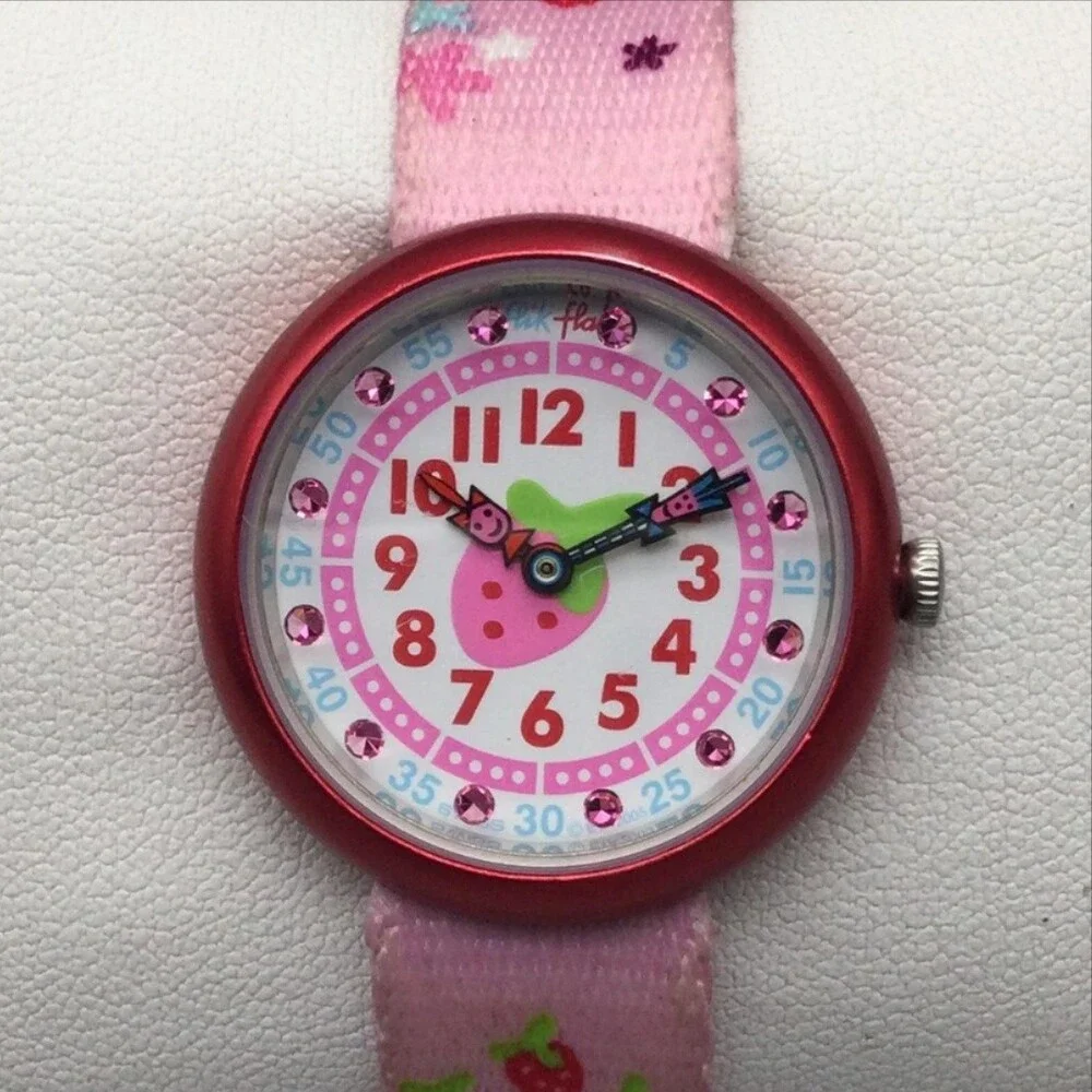 Flik Flak Prune et Fraise Girls Watch 28mm Pink Strawberry Swiss New Battery
